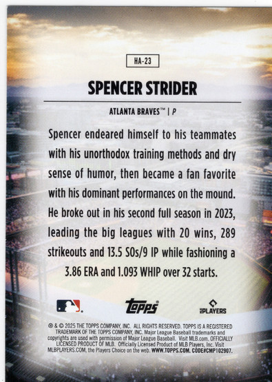 2025 Topps Home Field Advantage #HA23 Spencer Strider