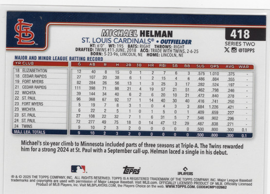 2025 Topps Rainbow Foil #418 Michael Helman