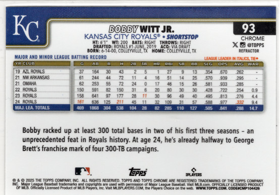 2025 Topps Chrome Refractors #93 Bobby Witt Jr.