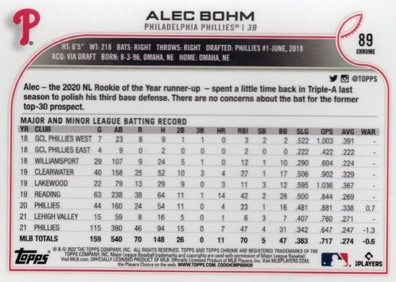 2022 Topps Chrome Sonic Black & White RayWave #89 Alec Bohm