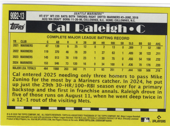 2025 Topps 1990 Topps Baseball 35th Anniversary #90B213 Cal Raleigh