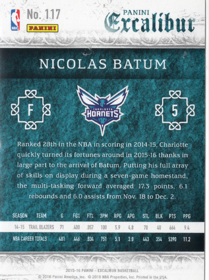 2015-16 Panini Excalibur Silver #117 Nicolas Batum SN70