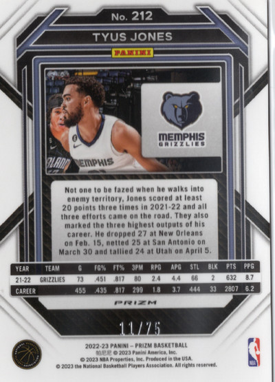 2022-23 Panini Prizm Prizms Red Power #212 Tyus Jones SN75