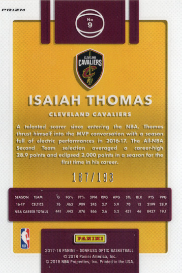 2017-18 Donruss Optic Fast Break Orange #9 Isaiah Thomas SN193