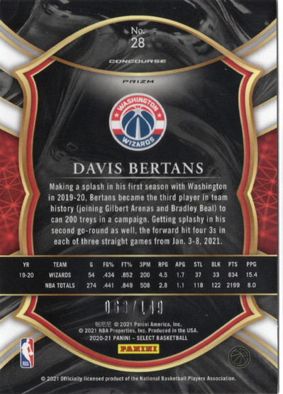 2020-21 Panini Select White Prizms #28 Davis Bertans SN149