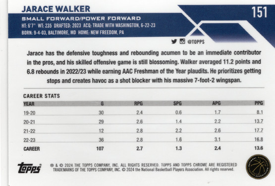 2023-24 Topps Chrome Speckle Refractors #151 Jarace Walker SN299