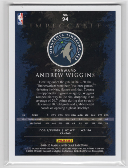 2019-20 Panini Impeccable #94 Andrew Wiggins SN99