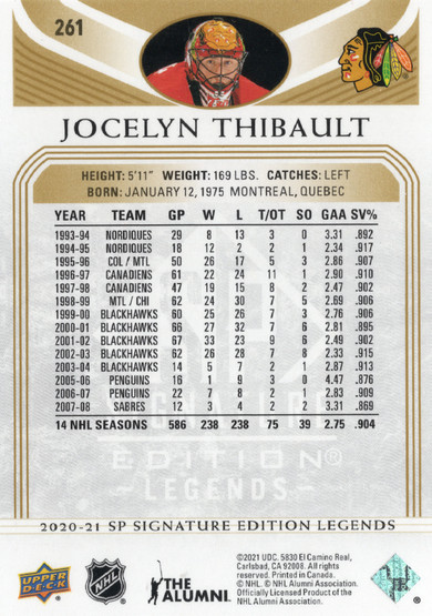 2020-21 SP Signature Edition Legends Gold Foil #261 Jocelyn Thibault