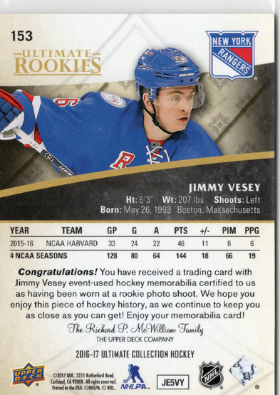 2016-17 Upper Deck Ultimate Collection Ultimate Rookies Jersey Silver #153 Jimmy Vesey MEM, SN249