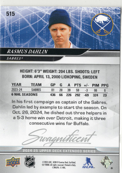 2024-25 Upper Deck #515 Rasmus Dahlin SP, VAR Swagnificent