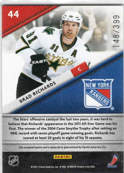 2011-12 Panini Certified Fabric of the Game #44 Brad Richards MEM, SN399