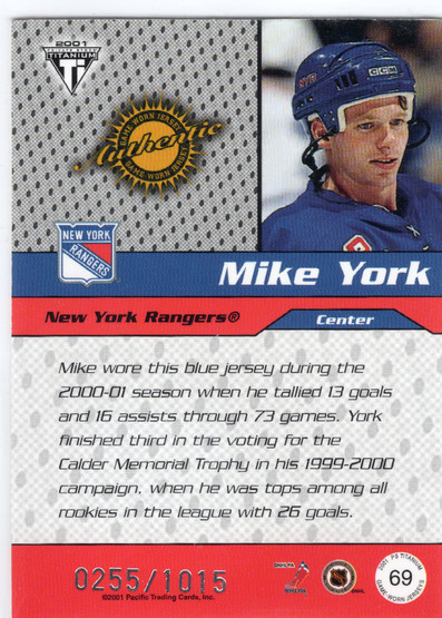 2000-01 Pacific Private Stock Titanium Draft Day #69 Mike York MEM, SN1015