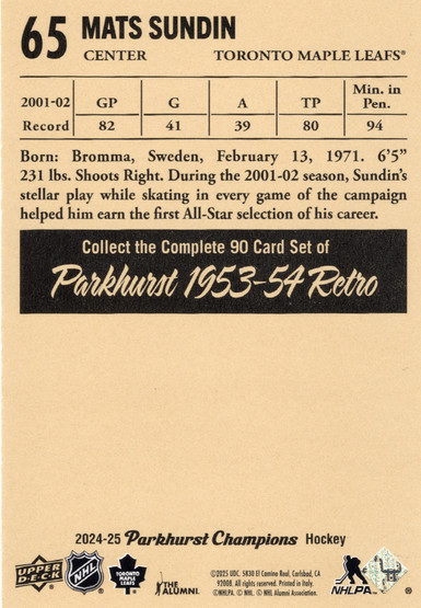 2024-25 Parkhurst Champions 1953-54 Retros Rainbow Foil #65 Mats Sundin SN53