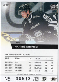 2018-19 Cardset Finland Rookie #RC192 Markus Nurmi SN999
