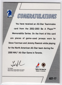 2002-03 Be a Player Memorabilia All Star Teammates #AST17 Steve Yzerman / Jeremy Roenick MEM