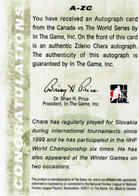 2011-12 In The Game Canada vs The World #AZC Zdeno Chara AU