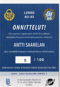 2024-25 Blueline Finland Signature Silver #LUKKOAUAS Antti Saarela AU, SN100
