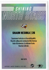 2022-23 Cardset Finland Shining North Stars #SNS12 Shaun Heshka