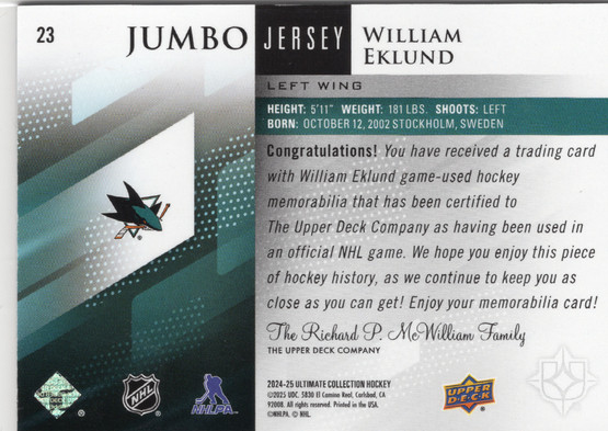 2024-25 Upper Deck Ultimate Collection Jumbo Jersey #23 William Eklund MEM, SN199