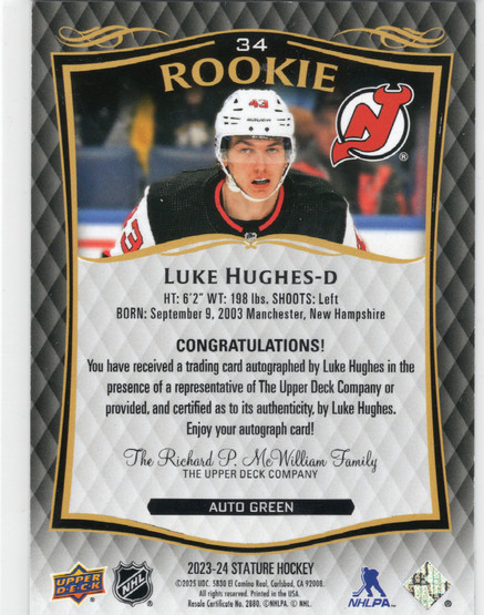 2024-25 Upper Deck Stature 2023-24 Upper Deck Stature Auto Green #34 Luke Hughes ROO, AU, SN199