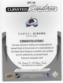 2024-25 SP Authentic Curated Signatures #SPCSG Samuel Girard AU, SN99
