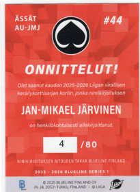 2025-26 Blueline Finland Signature Silver #ÄSSÄTAUJMJ Jan-Mikael Järvinen AU, SN80