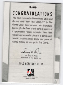 2006-07 In The Game Used International Ice Game Used Stick and Jersey Gold #SJ09 Henrik Lundqvist MEM, PR10