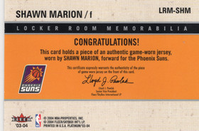 2003-04 Fleer Platinum Locker Room Memorabilia #LRMSHM Shawn Marion MEM