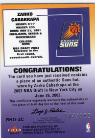 2003-04 Fleer Tradition Rookie Hats Off #RHOZC Zarko Cabarkapa MEM, SN180