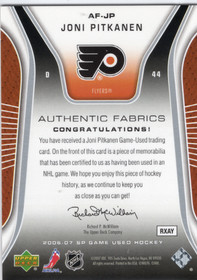 2006-07 SP Game Used Authentic Fabrics #AFJP Joni Pitkanen MEM