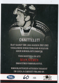 2012-13 Cardset Signature #NNO Mika Niemi AU, SN125