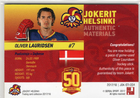 2017-18 Sereal Jokerit Stick #JOKSTI004 Oliver Lauridsen MEM, SN50