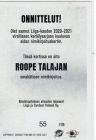 2020-21 Cardset Signature #NNO Roope Talaja AU, SN125