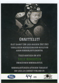 2012-13 Cardset Signature #NNO Ville Korhonen AU, SN125