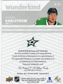 2022-23 Upper Deck Stature Wunderkind Auto #W33 Fredrik Karlstrom AU