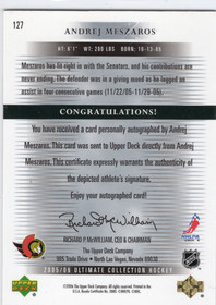 2005-06 Upper Deck Ultimate Collection #127 Andrej Meszaros SN399, AU, RC