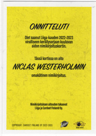 2022-23 Cardset Signature #NNO Niclas Westerholm AU, SN100