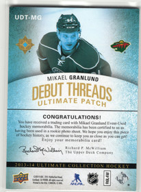 2013-14 Upper Deck Ultimate Collection Debut Threads Patches #UDTMG Mikael Granlund /100
