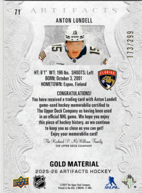 2025-26 Upper Deck Artifacts Material Gold #71 Anton Lundell /299