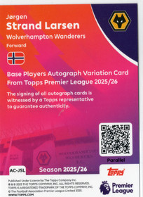 2025-26 Topps Premier League Autographs Blue Sparkle #ACJSL Jorgen Strand Larsen /150