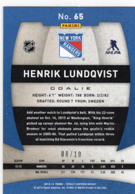2013-14 Panini Totally Certified Mirror Platinum Blue #65 Henrik Lundqvist /10
