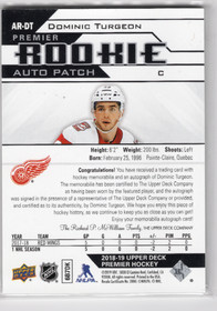 2018-19 Upper Deck Premier Acetate Premier Rookie Autograph Patches #ARDT Dominic Turgeon /249
