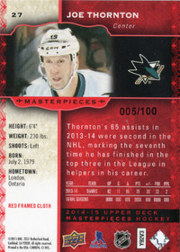 2014-15 Upper Deck Masterpieces Framed Red Cloth #27 Joe Thornton /100