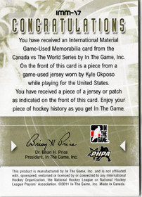 2011-12 In The Game Canada vs The World International Materials Jersey Black #IMM17 Kyle Okposo PR120