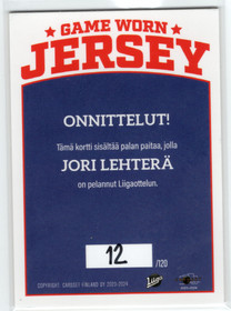 2023-24 Cardset Game Worn Jersey #GWJ1 Jori Lehterä /120