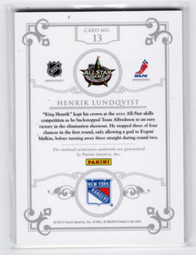 2011-12 Panini Dominion All Star Skills Complete Sweaters #13 Henrik Lundqvist /15