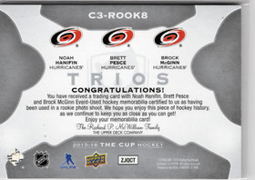2015-16 Upper Deck The Cup Cup Trios Jersey #C3ROOK8 Noah Hanifin / Brett Pesce / Brock McGinn /40