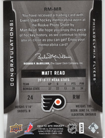 2011-12 SPx Rookie Materials Patches #RMMR Matt Read /25