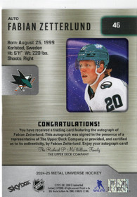 2024-25 SkyBox Metal Universe Autographs #46 Fabian Zetterlund
