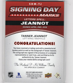 2022-23 SP Game Used Signing Day Marks #SDMTJ Tanner Jeannot /35 